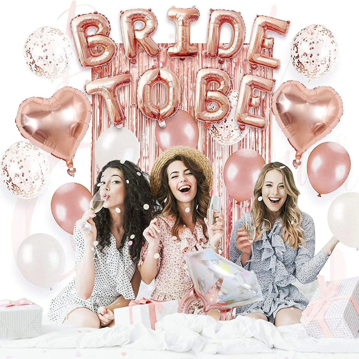 41 Pcs Rose gold Bride to be Balloon Tassel Diamond ring and heart decoration set bachelorette party bridal wedding supplies