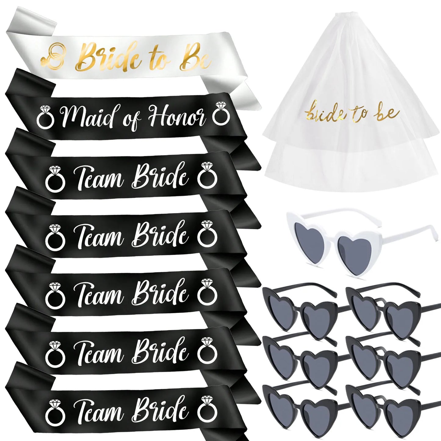 Bride To Be Maid Of Honor 4 different sets to choose from Sash Veil Glasses Set Wedding Party bachelorette Party Bridesmaid