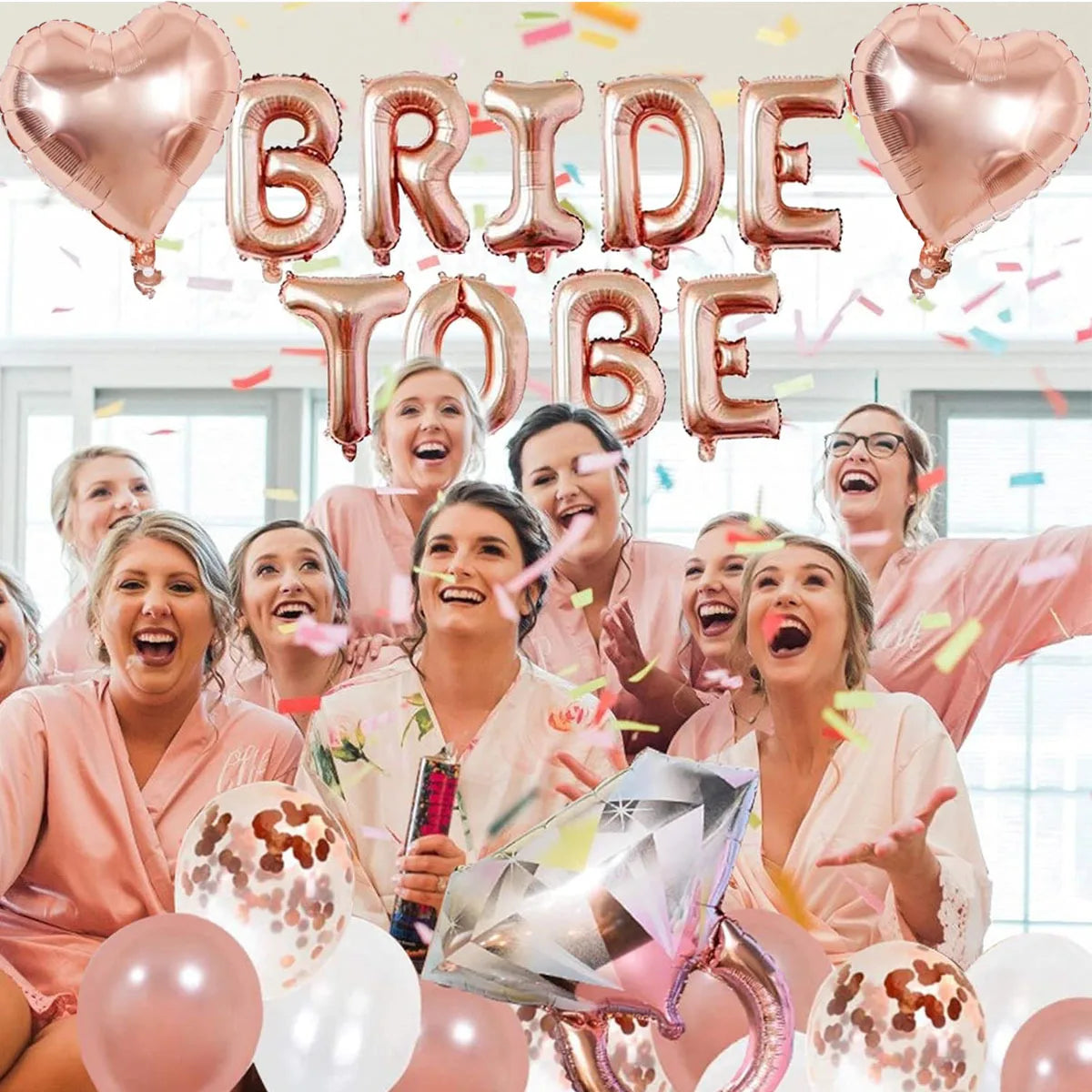 41 Pcs Rose gold Bride to be Balloon Tassel Diamond ring and heart decoration set bachelorette party bridal wedding supplies