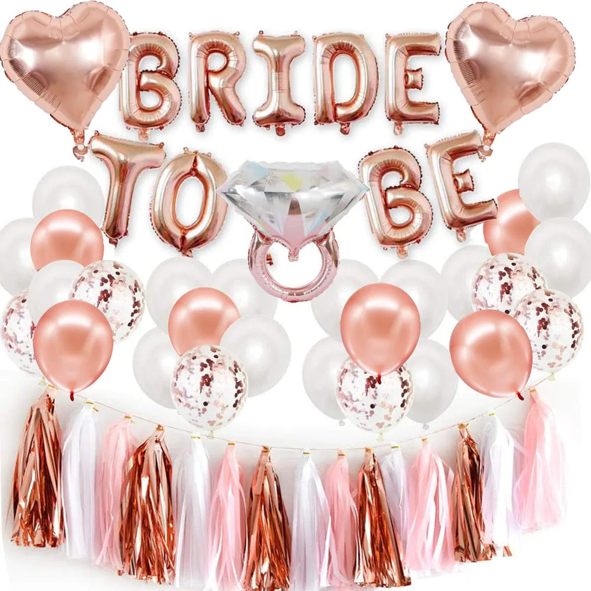 41 Pcs Rose gold Bride to be Balloon Tassel Diamond ring and heart decoration set bachelorette party bridal wedding supplies