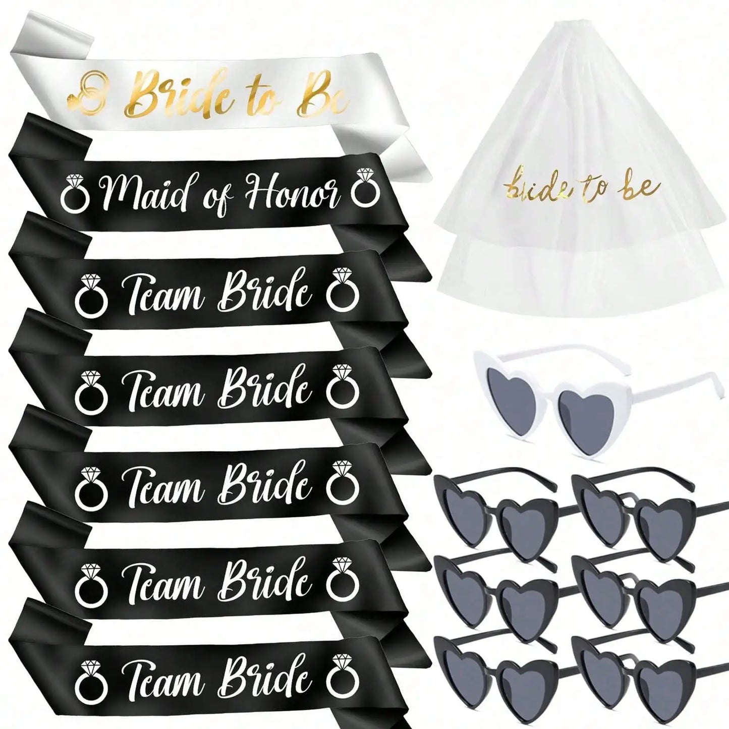 Bride To Be Maid Of Honor 4 different sets to choose from Sash Veil Glasses Set Wedding Party bachelorette Party Bridesmaid