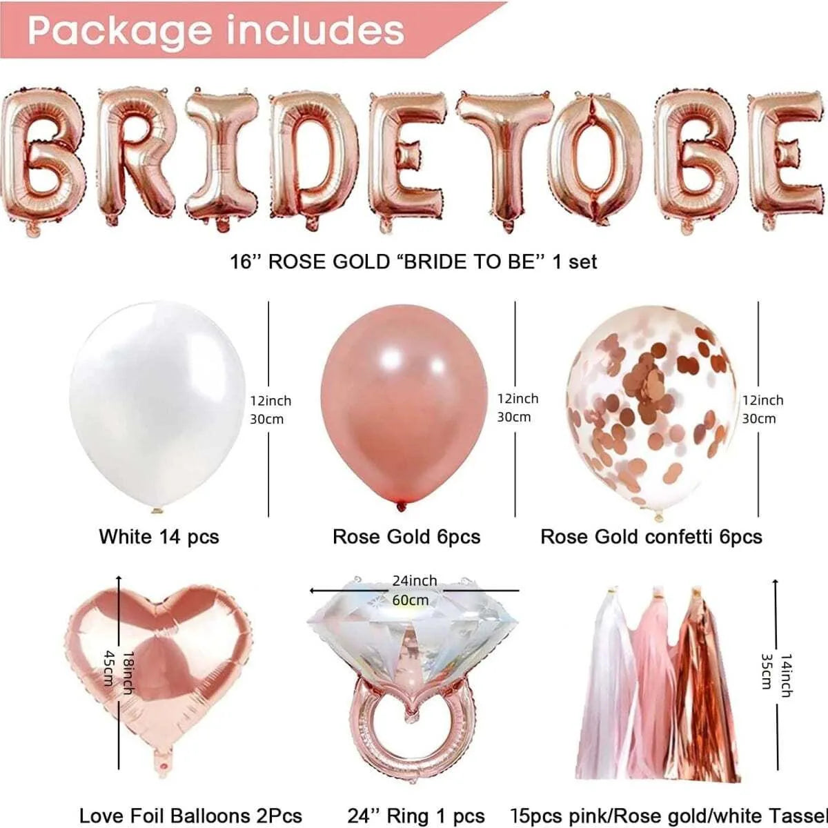 41 Pcs Rose gold Bride to be Balloon Tassel Diamond ring and heart decoration set bachelorette party bridal wedding supplies