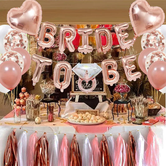 41 Pcs Rose gold Bride to be Balloon Tassel Diamond ring and heart decoration set bachelorette party bridal wedding supplies